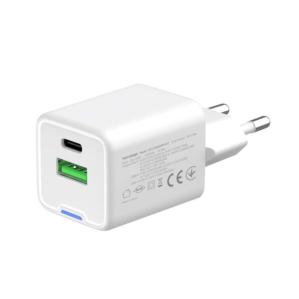 Мережевий зарядний пристрій ColorWay GaN Mini 30W PD Port PPS USB (Type-C PD + USB QC4.0) White (CW-CHS053PD-WT)