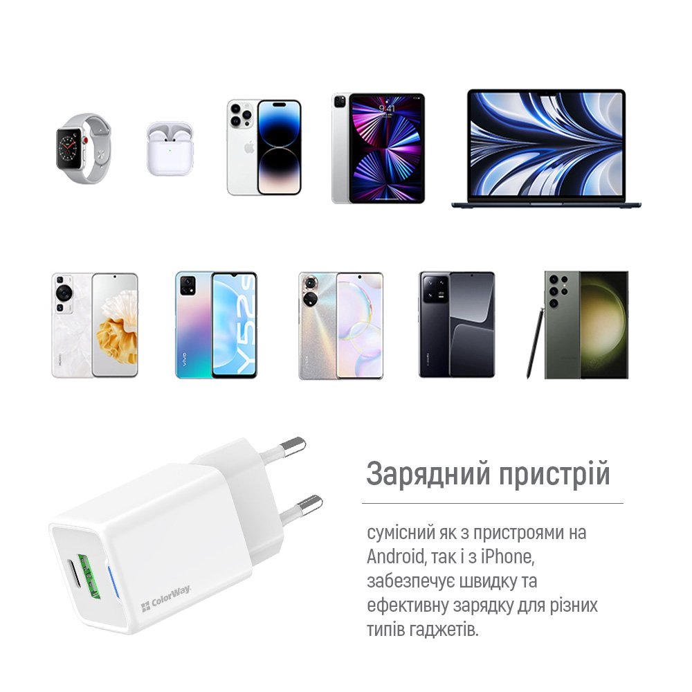 Мережевий зарядний пристрій ColorWay GaN Mini 30W PD Port PPS USB (Type-C PD + USB QC4.0) White (CW-CHS053PD-WT)