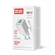 Мережевий зарядний пристрій ColorWay GaN Mini 30W PD Port PPS USB (Type-C PD + USB QC4.0) White (CW-CHS053PDC-WT) + кабель USB Type-C