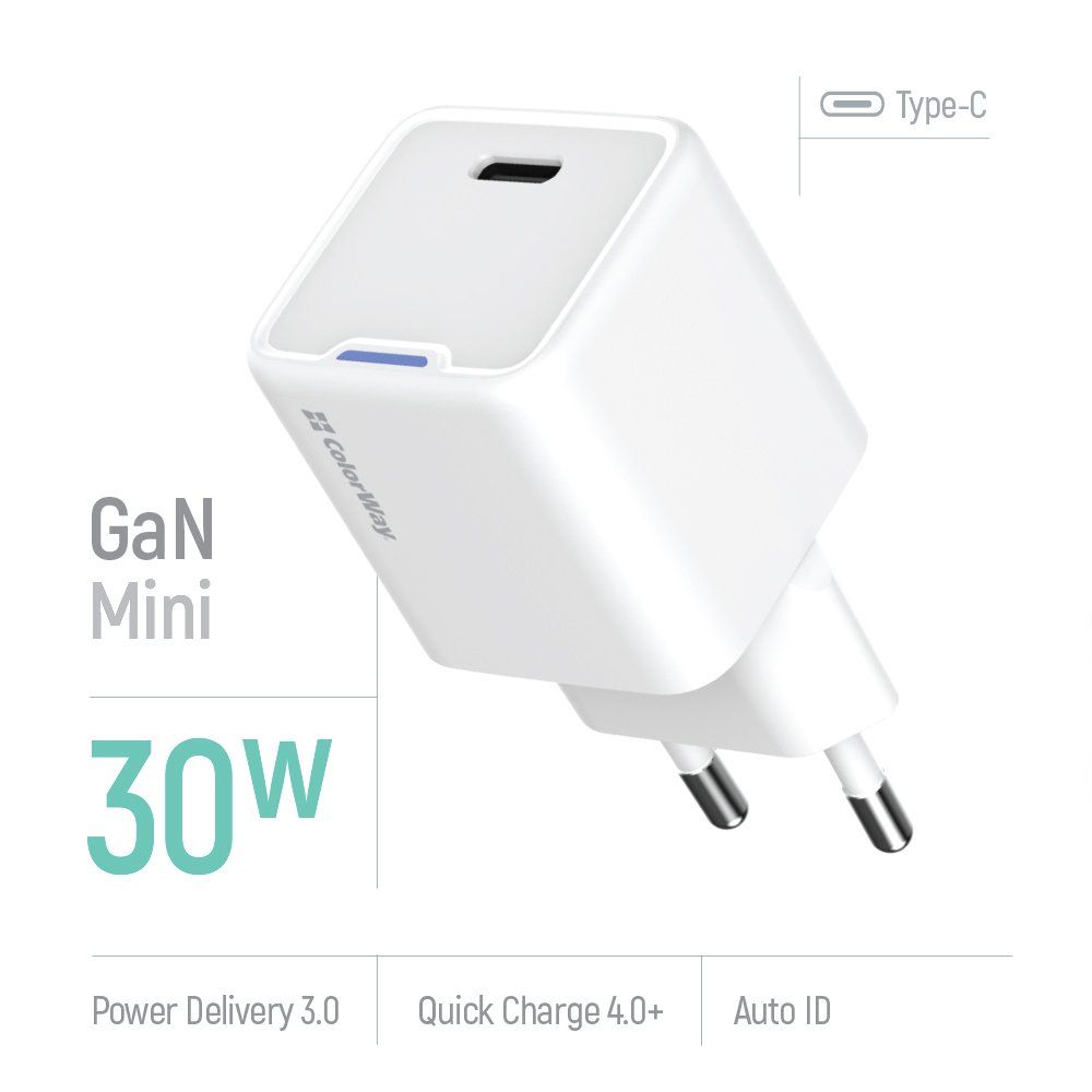 Мережевий зарядний пристрій ColorWay GaN Mini 30W PD Port PPS USB-C White (CW-CHS054PD-WT)