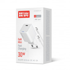 Мережевий зарядний пристрій ColorWay GaN Mini 30W PD Port PPS USB-C White (CW-CHS054PDC-WT) + кабель USB Type-C Мережевий зарядний пристрій ColorWay GaN Mini 30W PD Port PPS USB-C White (CW-CHS054PDC-WT) + кабель USB Type-C