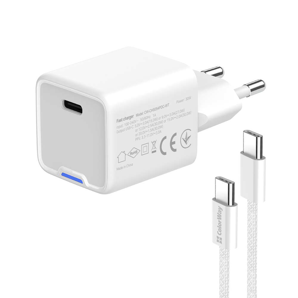 Мережевий зарядний пристрій ColorWay GaN Mini 30W PD Port PPS USB-C White (CW-CHS054PDC-WT) + кабель USB Type-C
