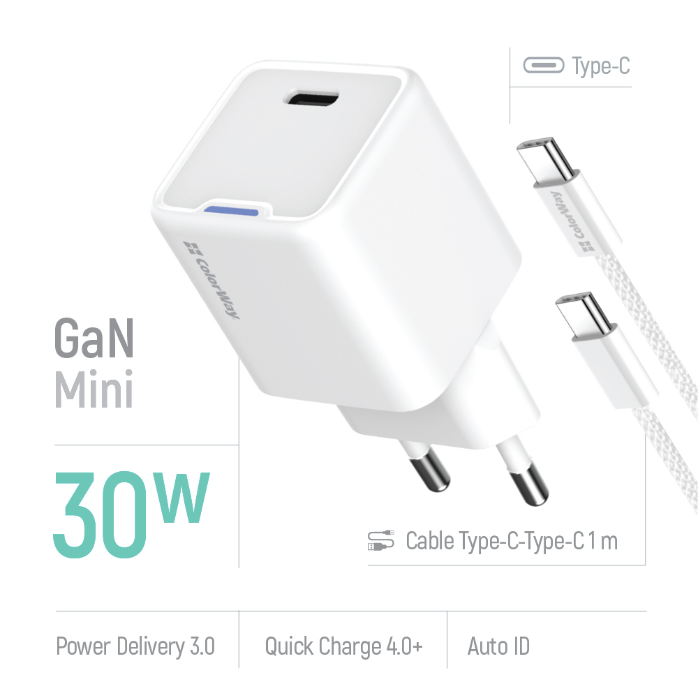 Мережевий зарядний пристрій ColorWay GaN Mini 30W PD Port PPS USB-C White (CW-CHS054PDC-WT) + кабель USB Type-C