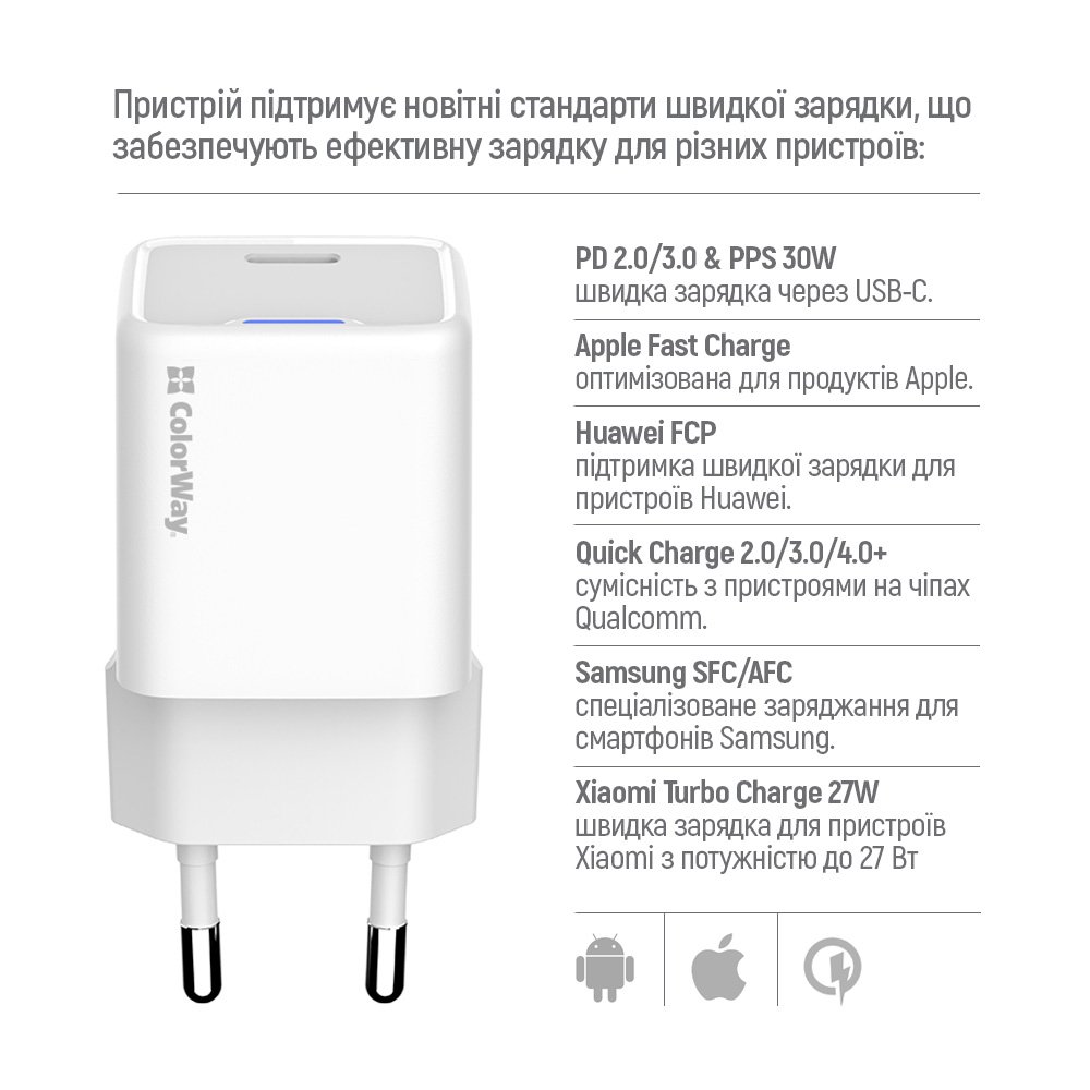 Мережевий зарядний пристрій ColorWay GaN Mini 30W PD Port PPS USB-C White (CW-CHS054PDC-WT) + кабель USB Type-C