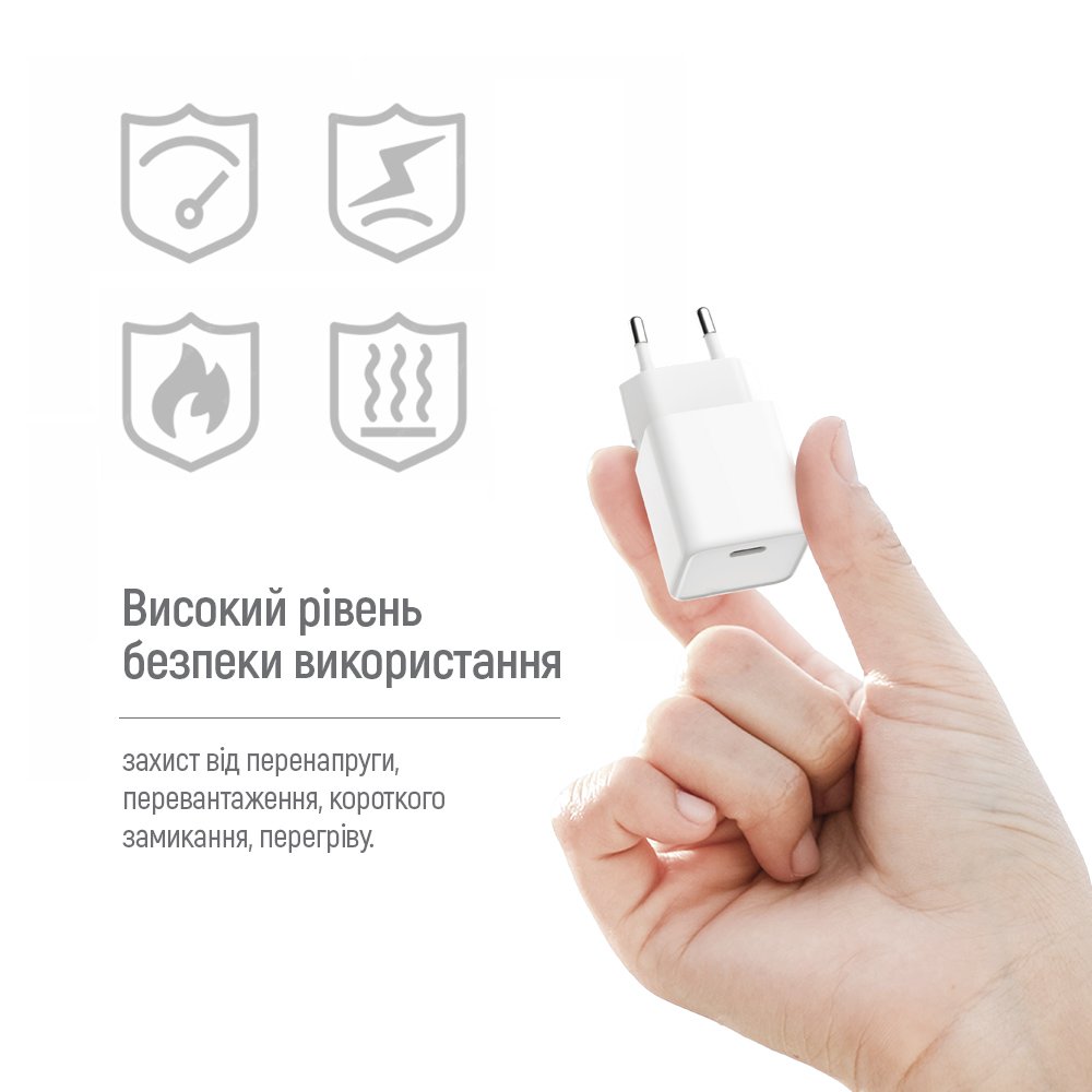 Мережевий зарядний пристрій ColorWay GaN Mini 30W PD Port PPS USB-C White (CW-CHS054PDC-WT) + кабель USB Type-C