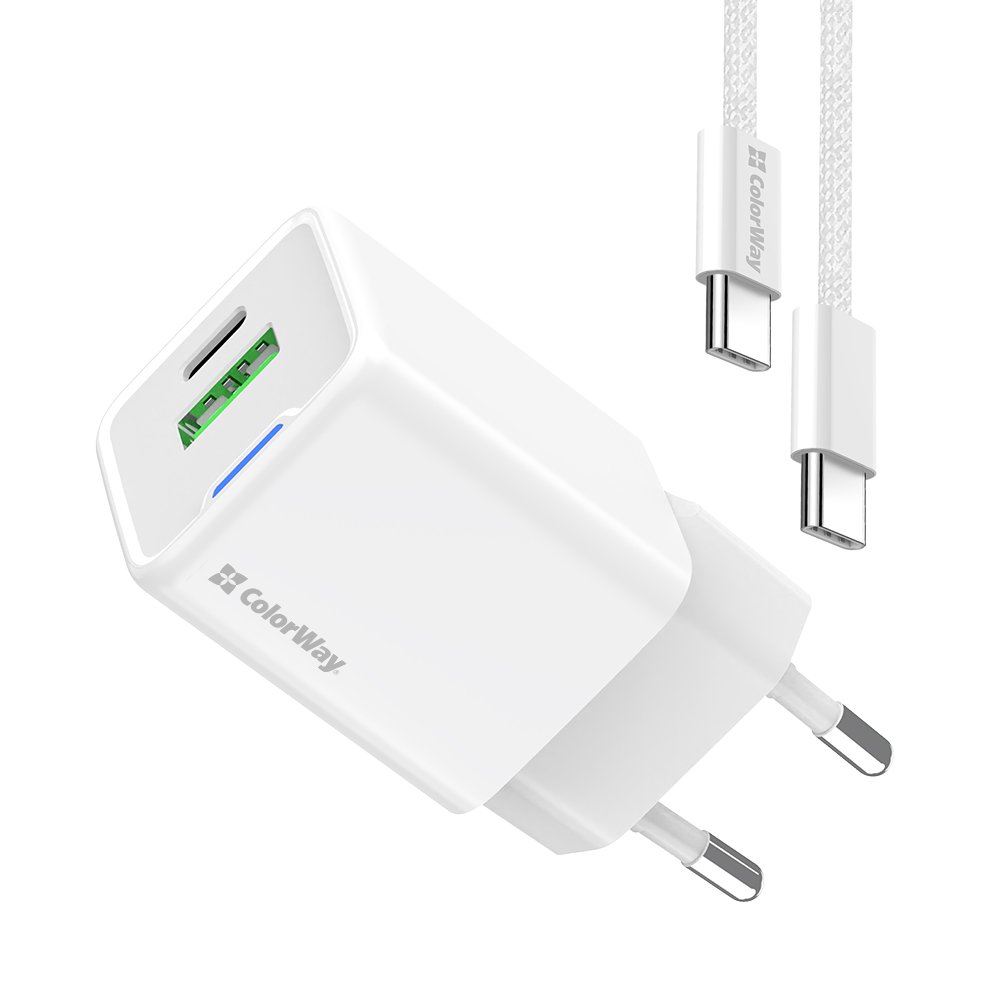 Мережевий зарядний пристрій ColorWay GaN Mini 35W PD Port PPS USB (Type-C PD + USB QC4.0) White (CW-CHS055PDC-WT) + кабель USB Type-C