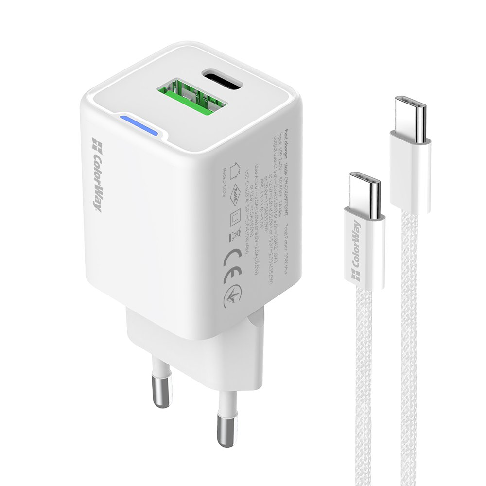Мережевий зарядний пристрій ColorWay GaN Mini 35W PD Port PPS USB (Type-C PD + USB QC4.0) White (CW-CHS055PDC-WT) + кабель USB Type-C