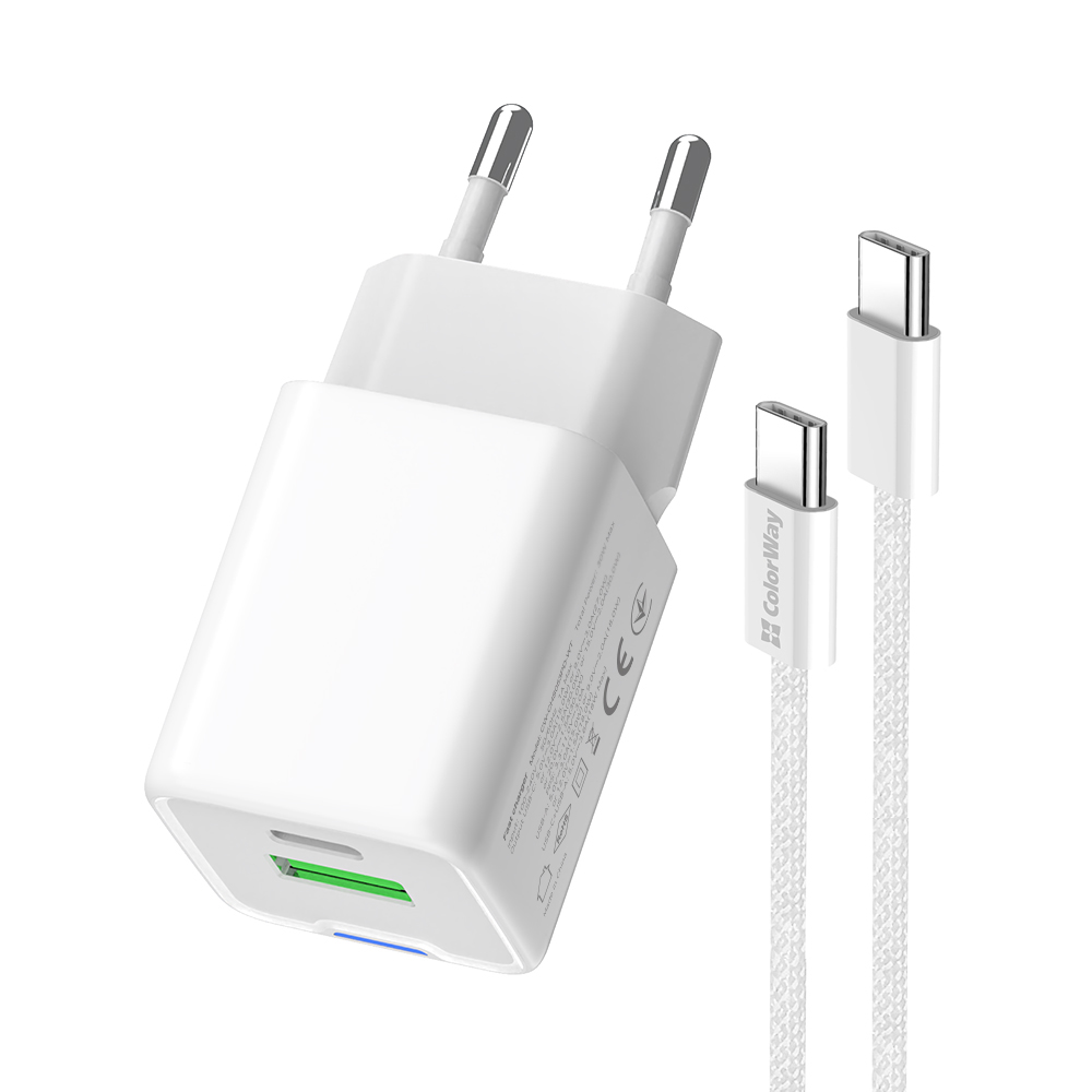 Мережевий зарядний пристрій ColorWay GaN Mini 35W PD Port PPS USB (Type-C PD + USB QC4.0) White (CW-CHS055PDC-WT) + кабель USB Type-C