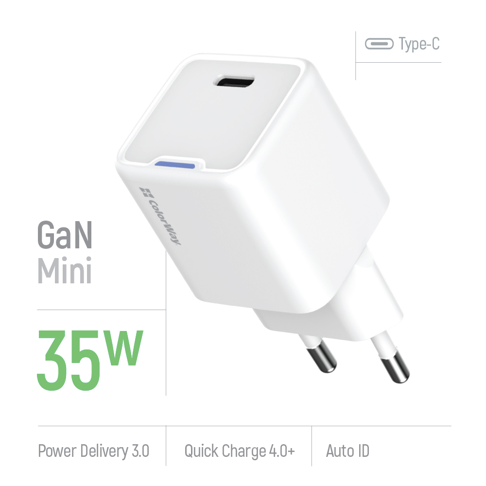 Мережевий зарядний пристрій ColorWay GaN Mini 35W PD Port PPS USB-C White (CW-CHS056PD-WT)