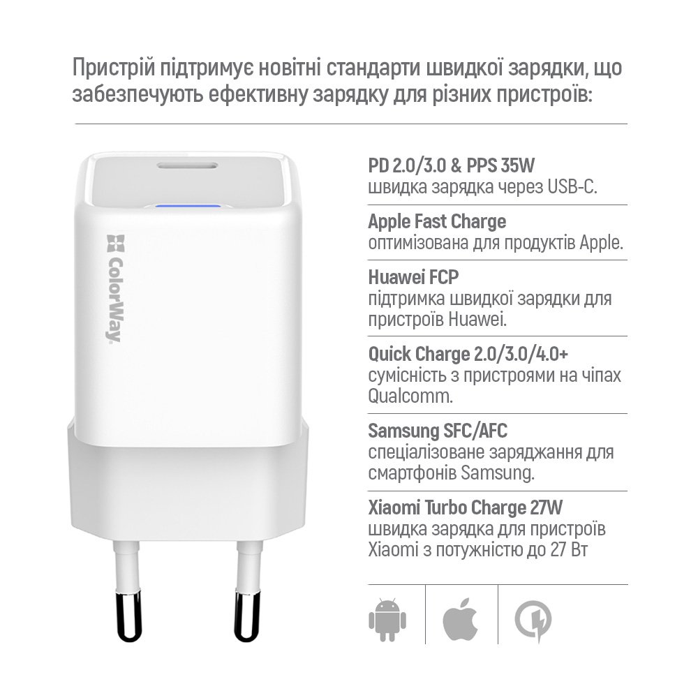 Мережевий зарядний пристрій ColorWay GaN Mini 35W PD Port PPS USB-C White (CW-CHS056PD-WT)