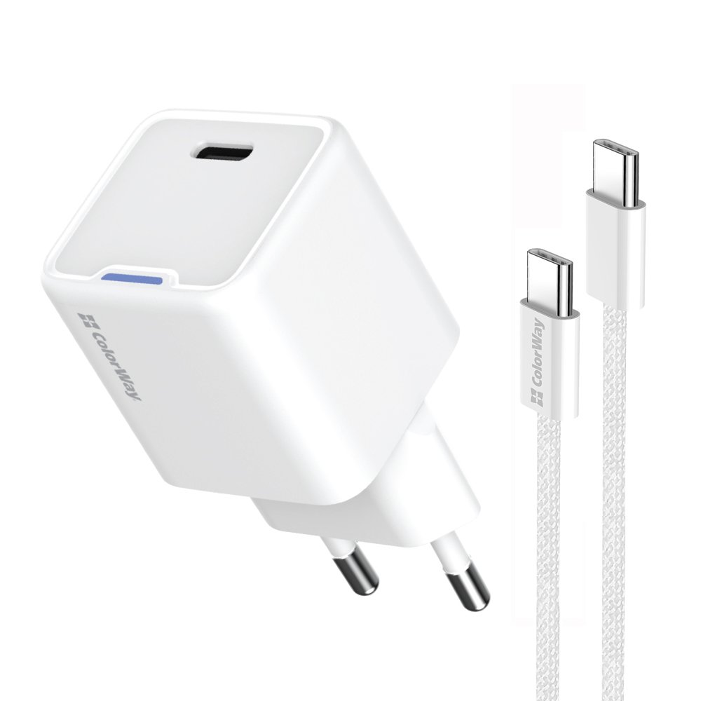 Мережевий зарядний пристрій ColorWay GaN Mini 35W PD Port PPS USB-C White (CW-CHS056PDC-WT) + кабель USB Type-C