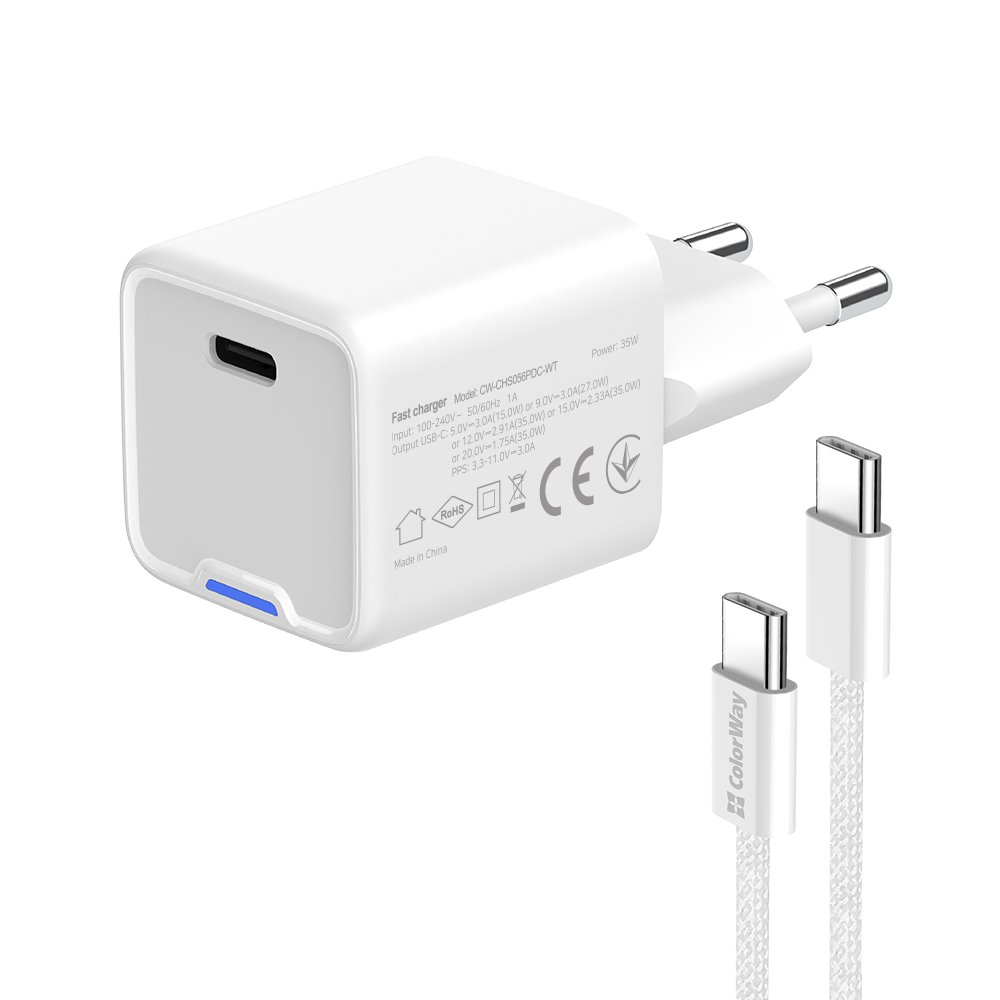 Мережевий зарядний пристрій ColorWay GaN Mini 35W PD Port PPS USB-C White (CW-CHS056PDC-WT) + кабель USB Type-C