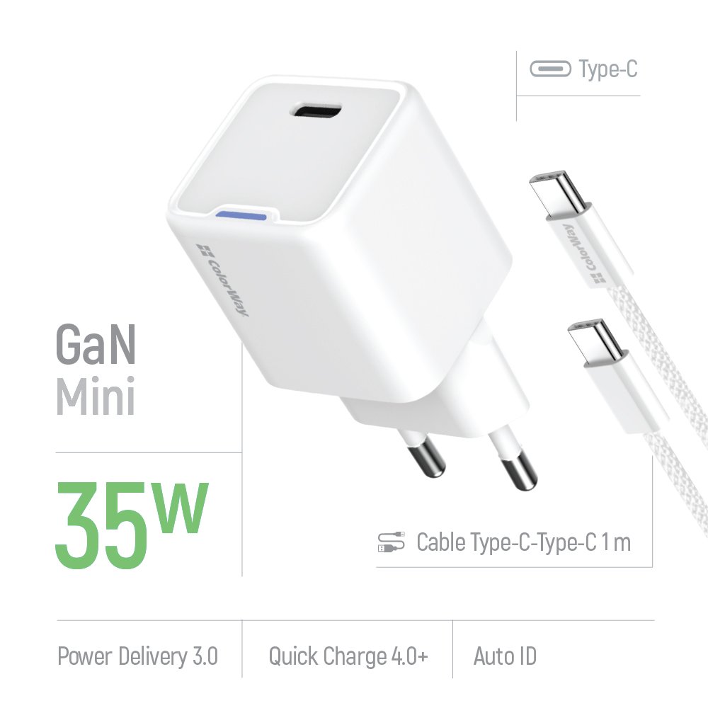 Мережевий зарядний пристрій ColorWay GaN Mini 35W PD Port PPS USB-C White (CW-CHS056PDC-WT) + кабель USB Type-C
