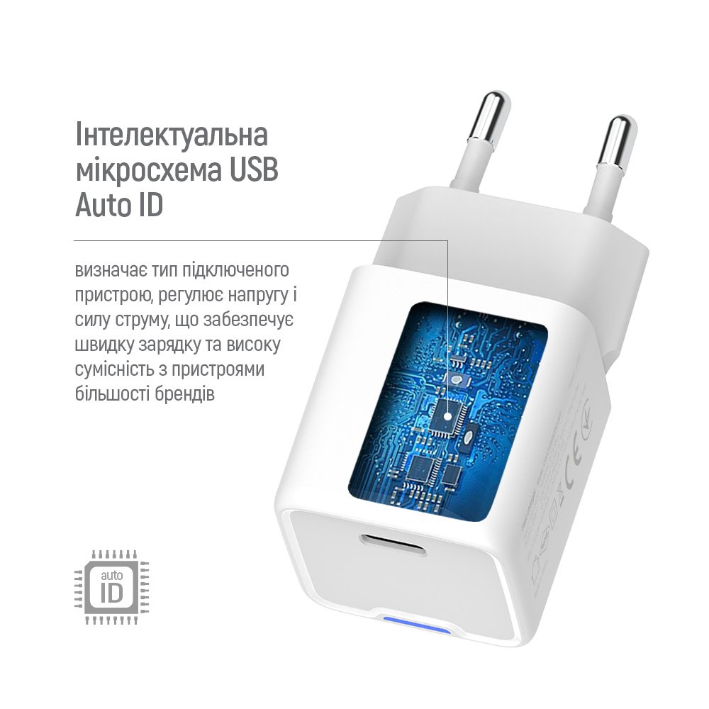 Мережевий зарядний пристрій ColorWay GaN Mini 35W PD Port PPS USB-C White (CW-CHS056PDC-WT) + кабель USB Type-C
