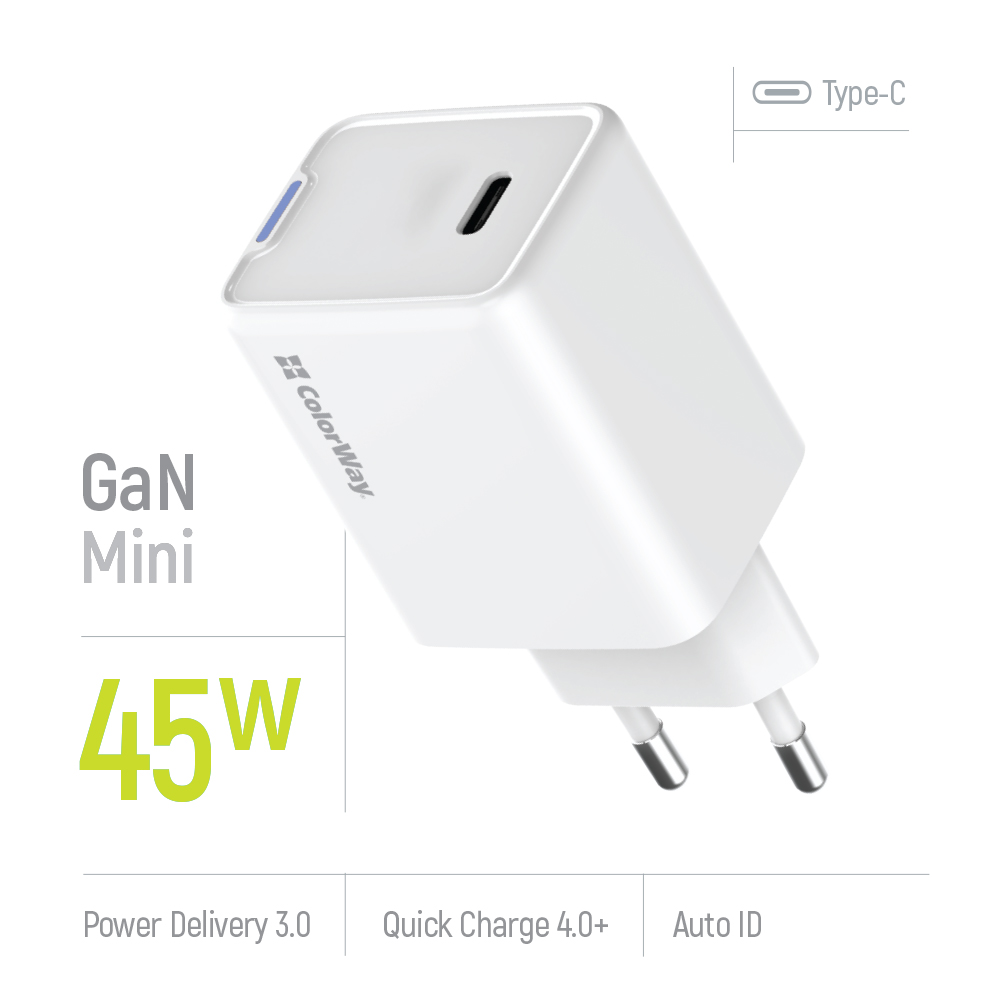 Мережевий зарядний пристрій ColorWay GaN Mini 45W PD Port PPS USB-C White (CW-CHS057PD-WT)