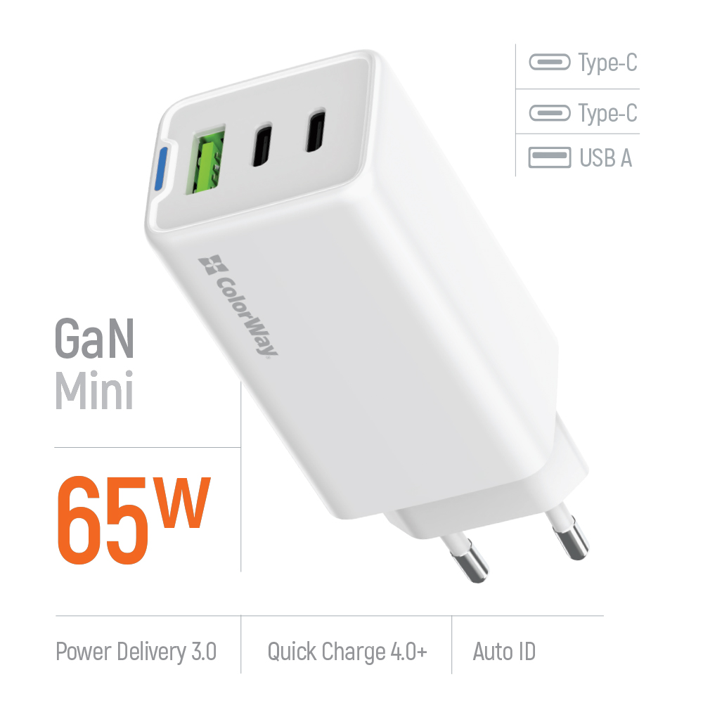 Мережевий зарядний пристрій ColorWay GaN Mini 65W PD Port PPS USB (USB-2C1A) White (CW-CHS058PD-WT)
