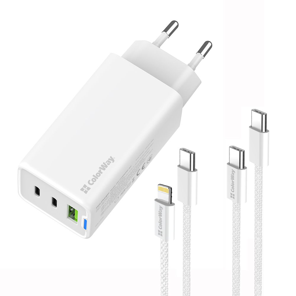 Мережевий зарядний пристрій ColorWay GaN Mini 65W PD Port PPS USB (USB-2C1A) White (CW-CHS058PDCL-WT) + кабель Type-C&Lightning