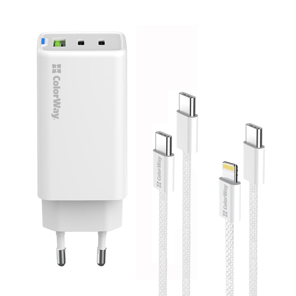 Мережевий зарядний пристрій ColorWay GaN Mini 65W PD Port PPS USB (USB-2C1A) White (CW-CHS058PDCL-WT) + кабель Type-C&Lightning