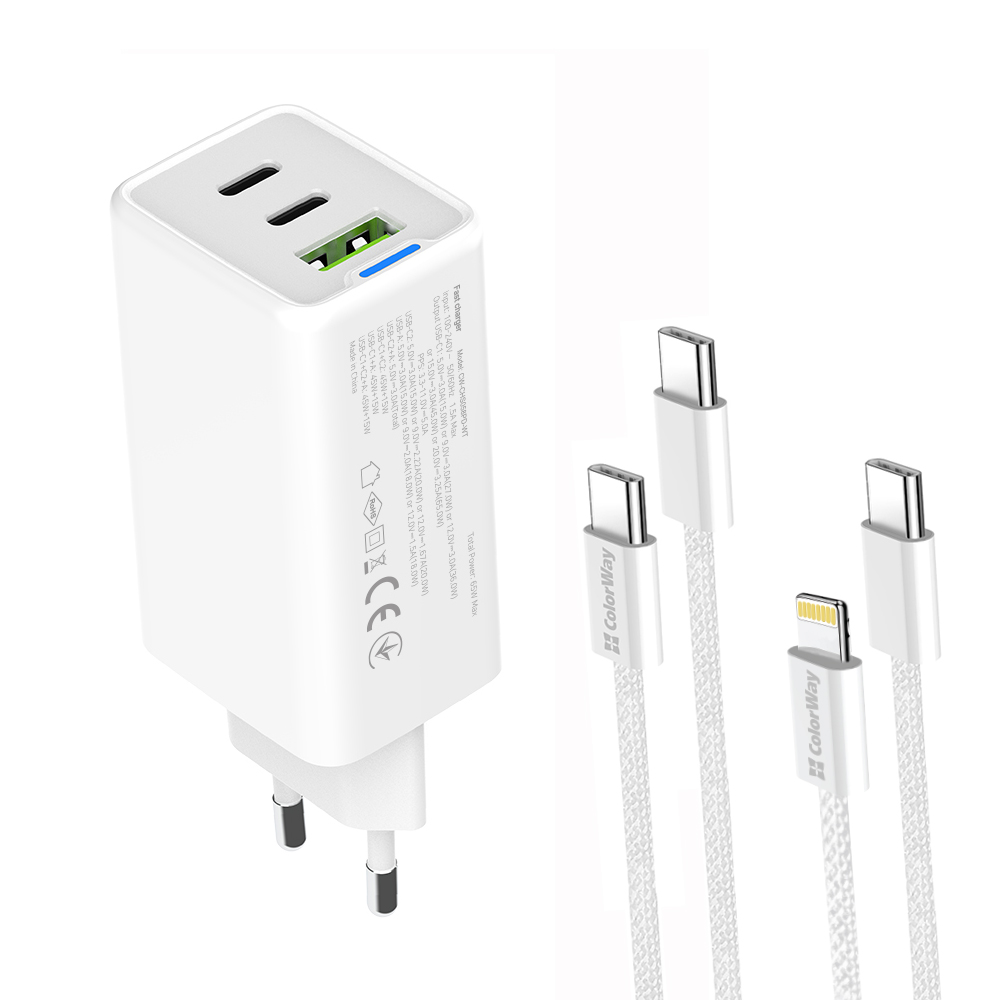 Мережевий зарядний пристрій ColorWay GaN Mini 65W PD Port PPS USB (USB-2C1A) White (CW-CHS058PDCL-WT) + кабель Type-C&Lightning