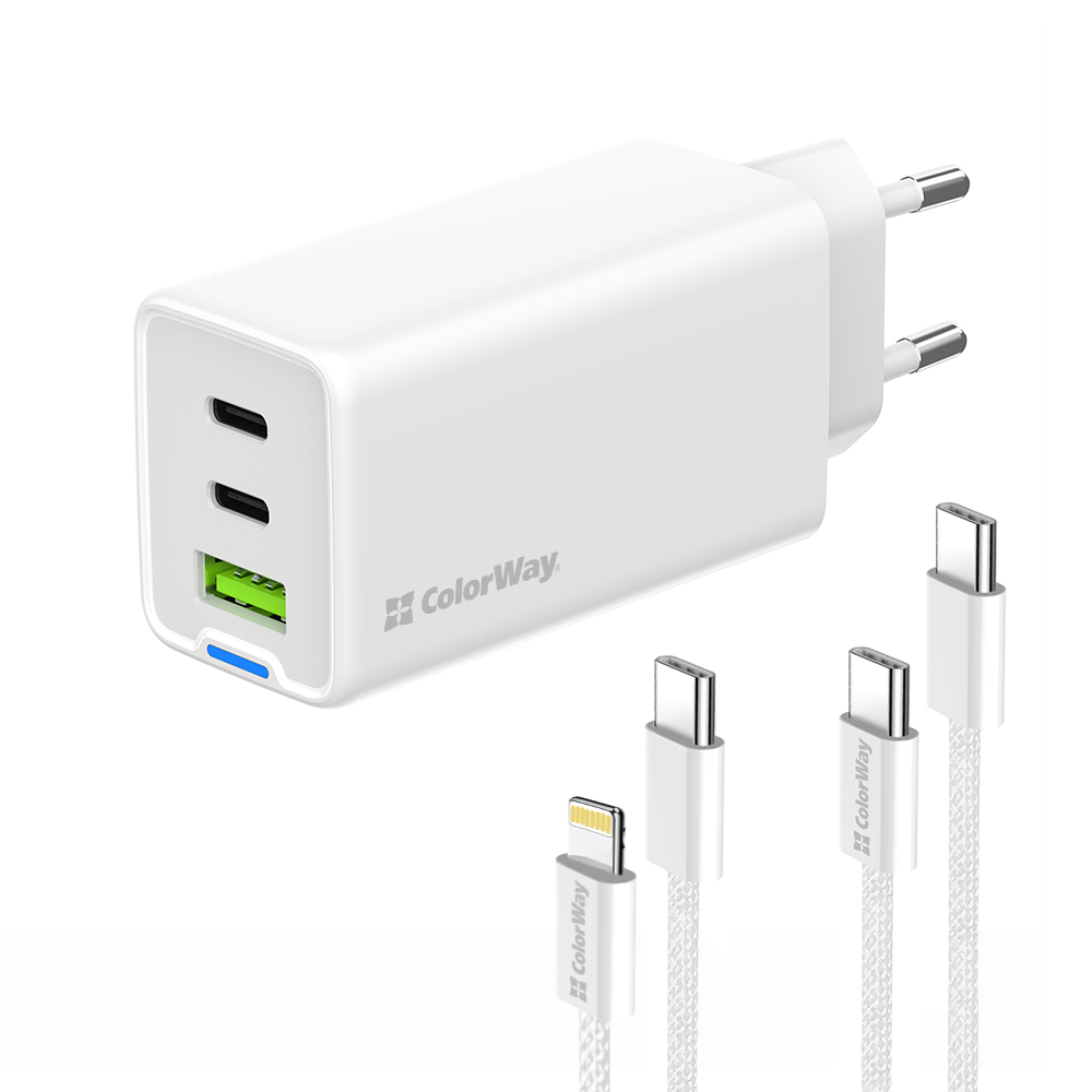 Мережевий зарядний пристрій ColorWay GaN Mini 65W PD Port PPS USB (USB-2C1A) White (CW-CHS058PDCL-WT) + кабель Type-C&Lightning