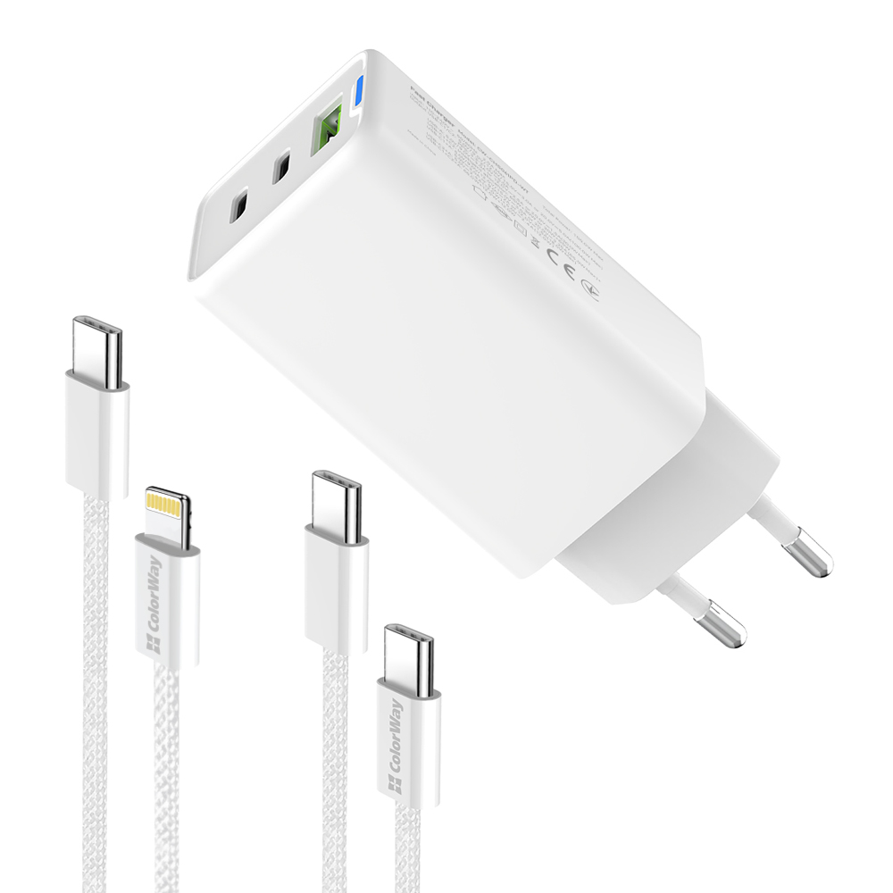 Мережевий зарядний пристрій ColorWay GaN Mini 65W PD Port PPS USB (USB-2C1A) White (CW-CHS058PDCL-WT) + кабель Type-C&Lightning