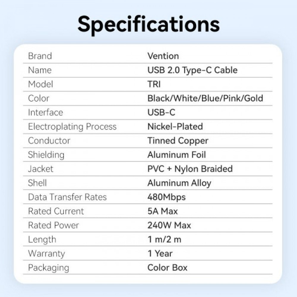 Кабель Vention USB Type-C - USB Type-C (M/M), 240W, 5A, 2 м, Gold (TRIJH)