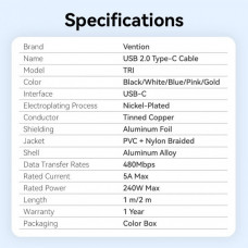 Кабель Vention USB Type-C - USB Type-C (M/M), 240W, 5A, 2 м, Gold (TRIJH)