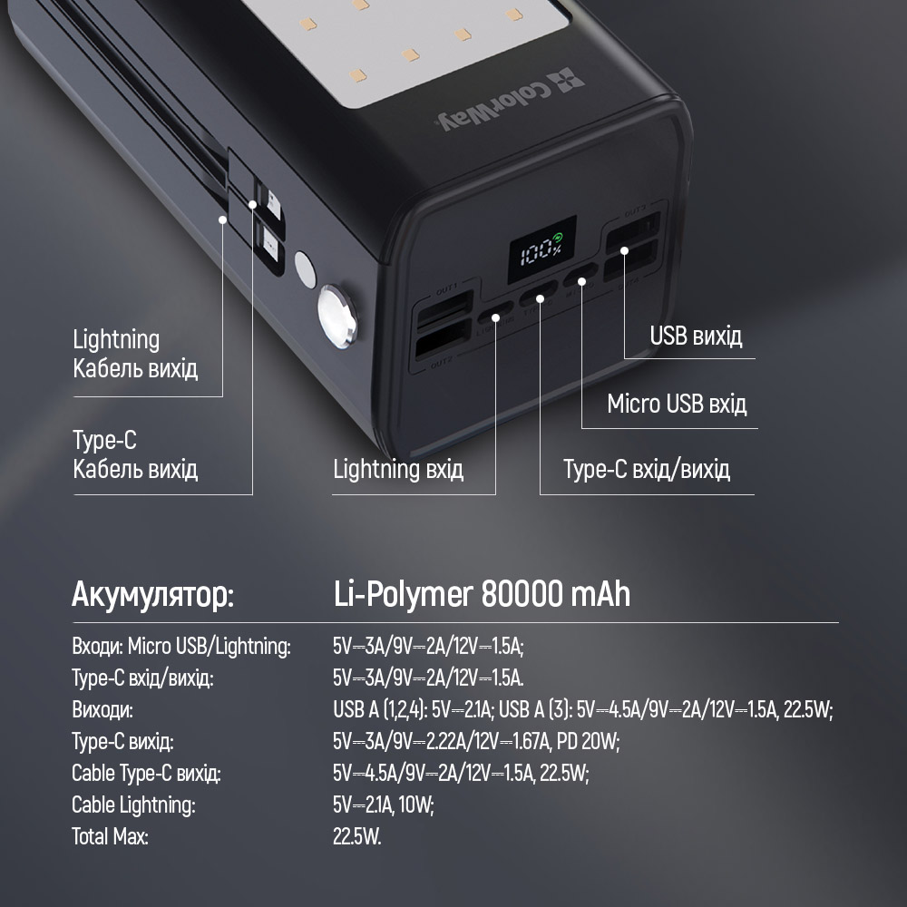 Універсальна мобільна батарея ColorWay LCD/Lamp 80000mAh Black (CW-PB800LPA8BK-PDD)