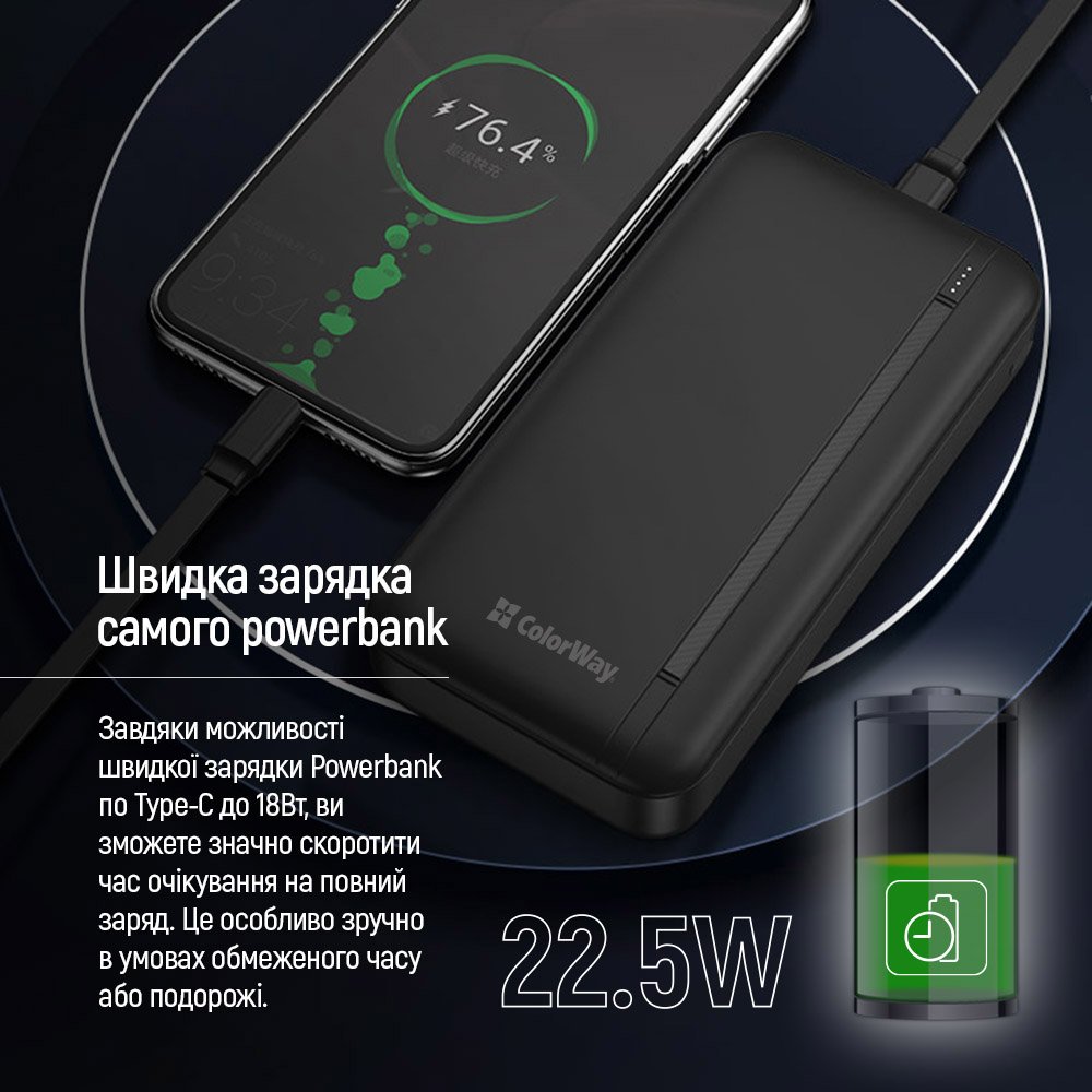 Універсальна мобільна батарея ColorWay Portable Charger 20000mAh Black (CW-PB200LPB4BK-PD)