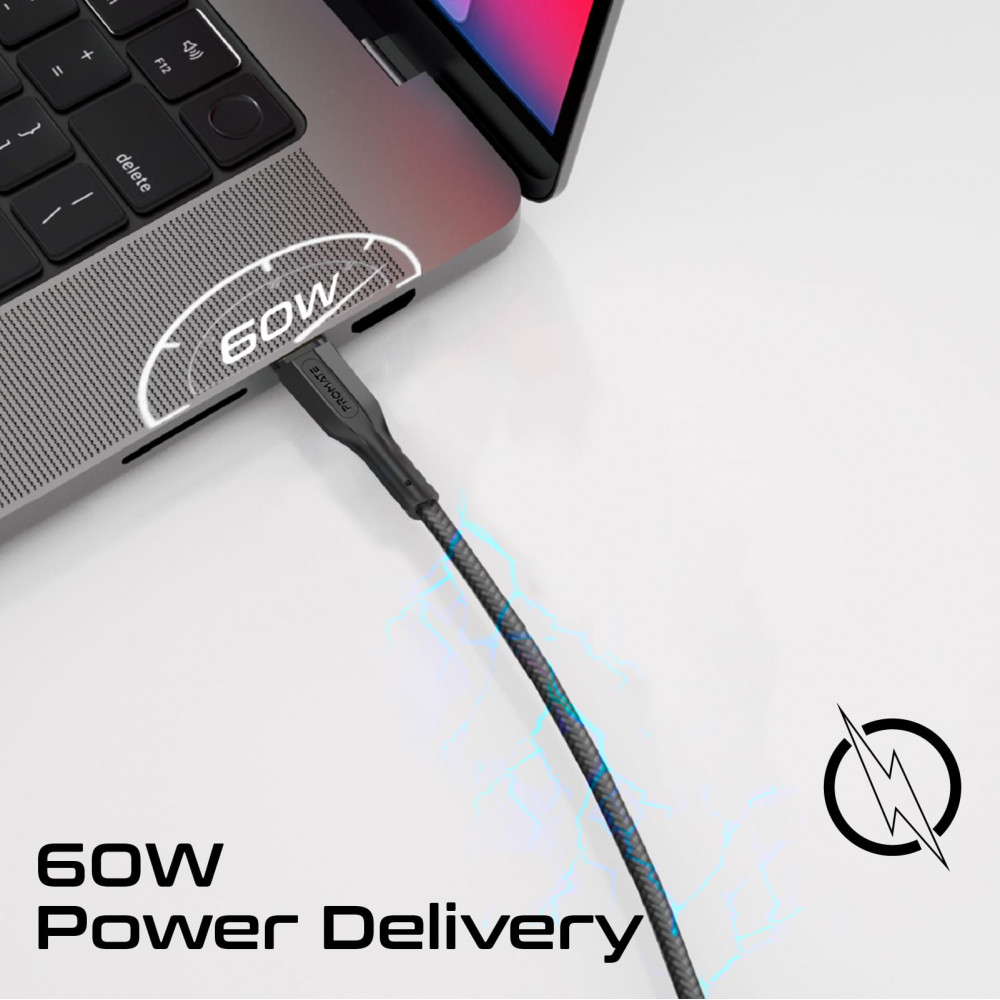 Комплект кабелів Promate USB Type-C - USB Type-C (M/M), 3A, 60W, 0.3 м, 1.2 м, 2 м Black (cablekit-cc.black)
