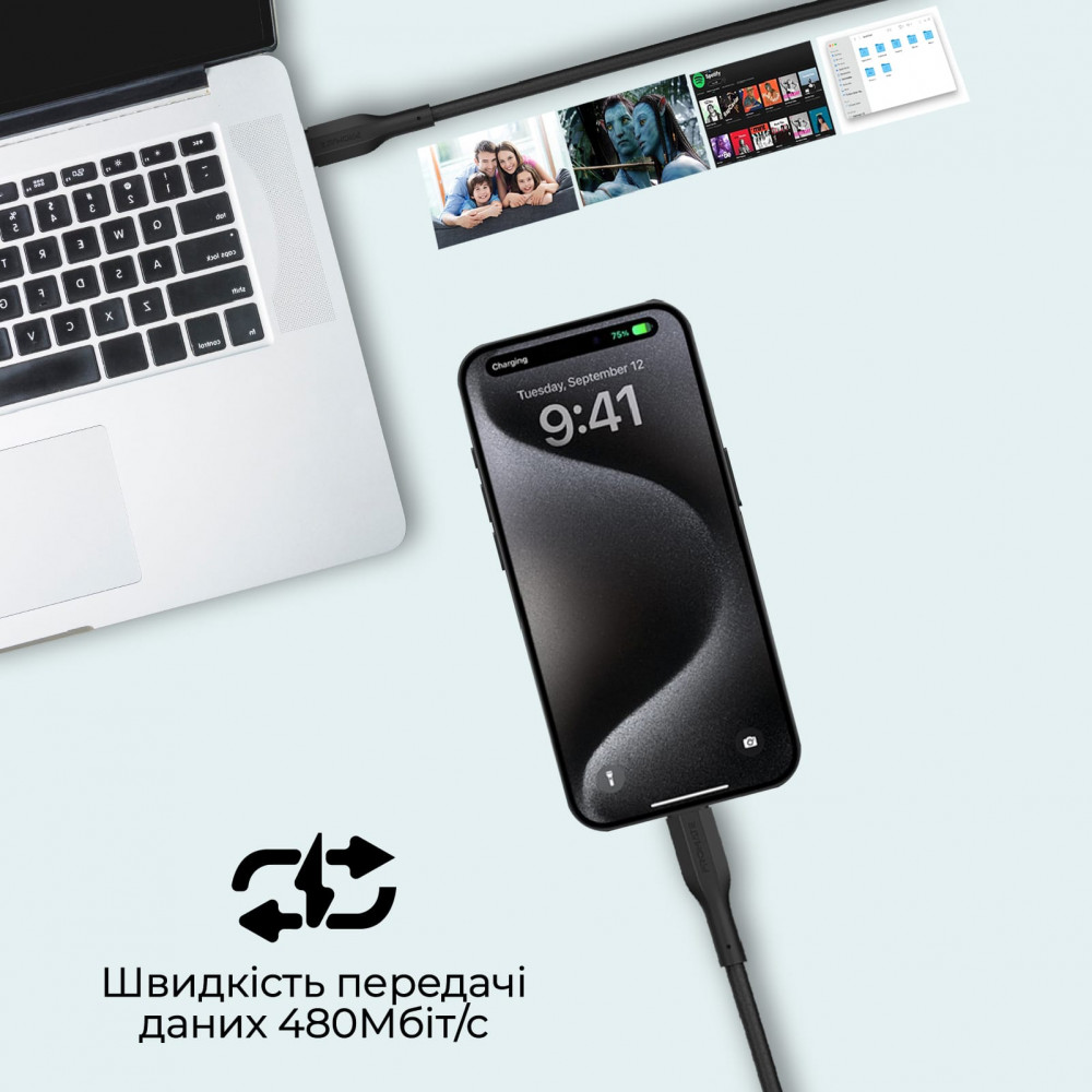 Комплект кабелів Promate USB Type-C - USB Type-C (M/M), 3A, 60W, 0.3 м, 1.2 м, 2 м Black (cablekit-cc.black)