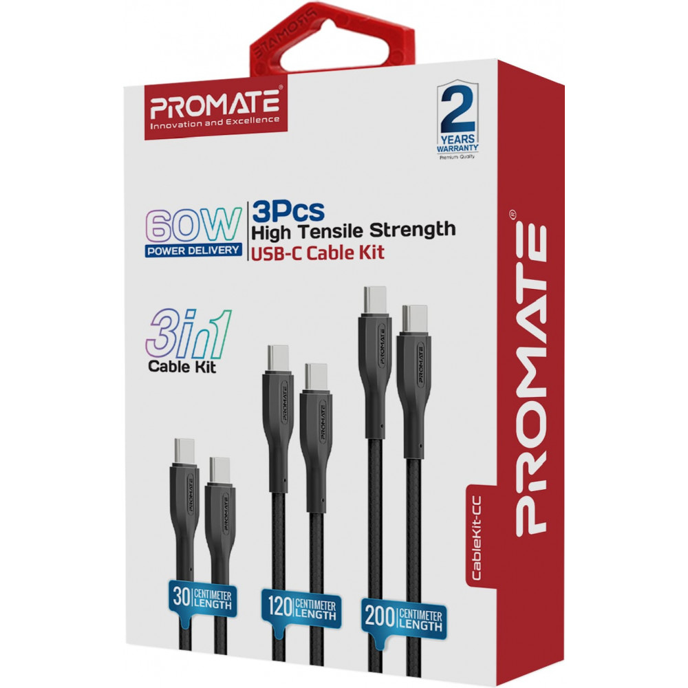 Комплект кабелів Promate USB Type-C - USB Type-C (M/M), 3A, 60W, 0.3 м, 1.2 м, 2 м Black (cablekit-cc.black)
