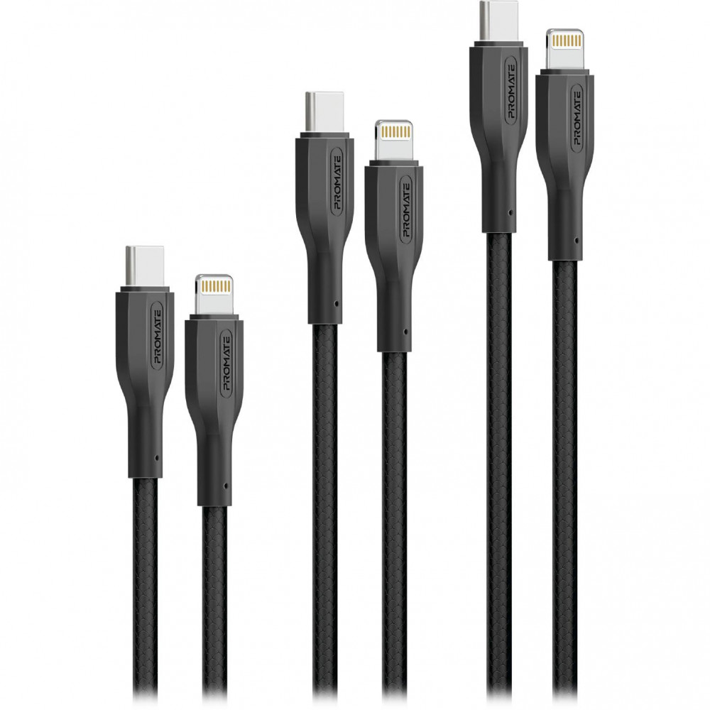 Комплект кабелів Promate USB Type-C - Lightning (M/M), 3A, 27W, 0.3 м, 1.2 м, 2 м Black (cablekit-ci)