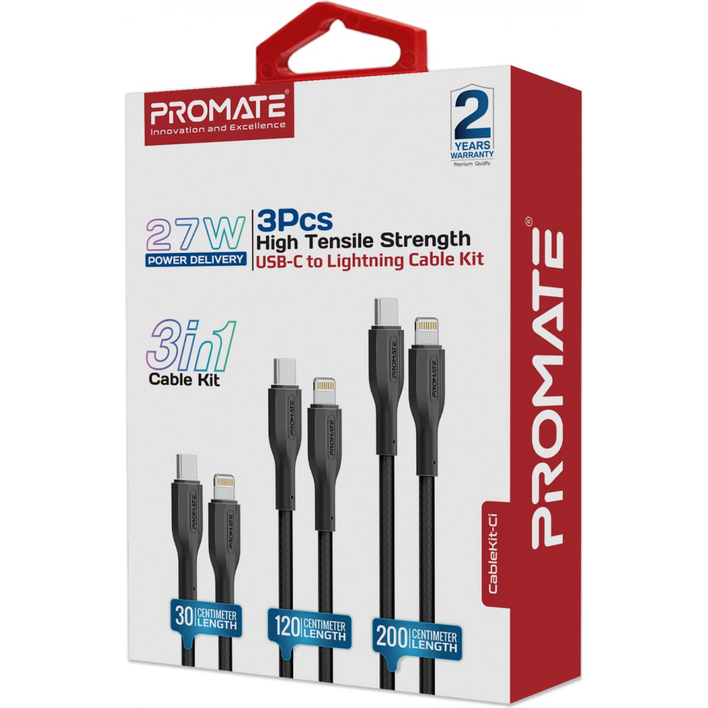 Комплект кабелів Promate USB Type-C - Lightning (M/M), 3A, 27W, 0.3 м, 1.2 м, 2 м Black (cablekit-ci)