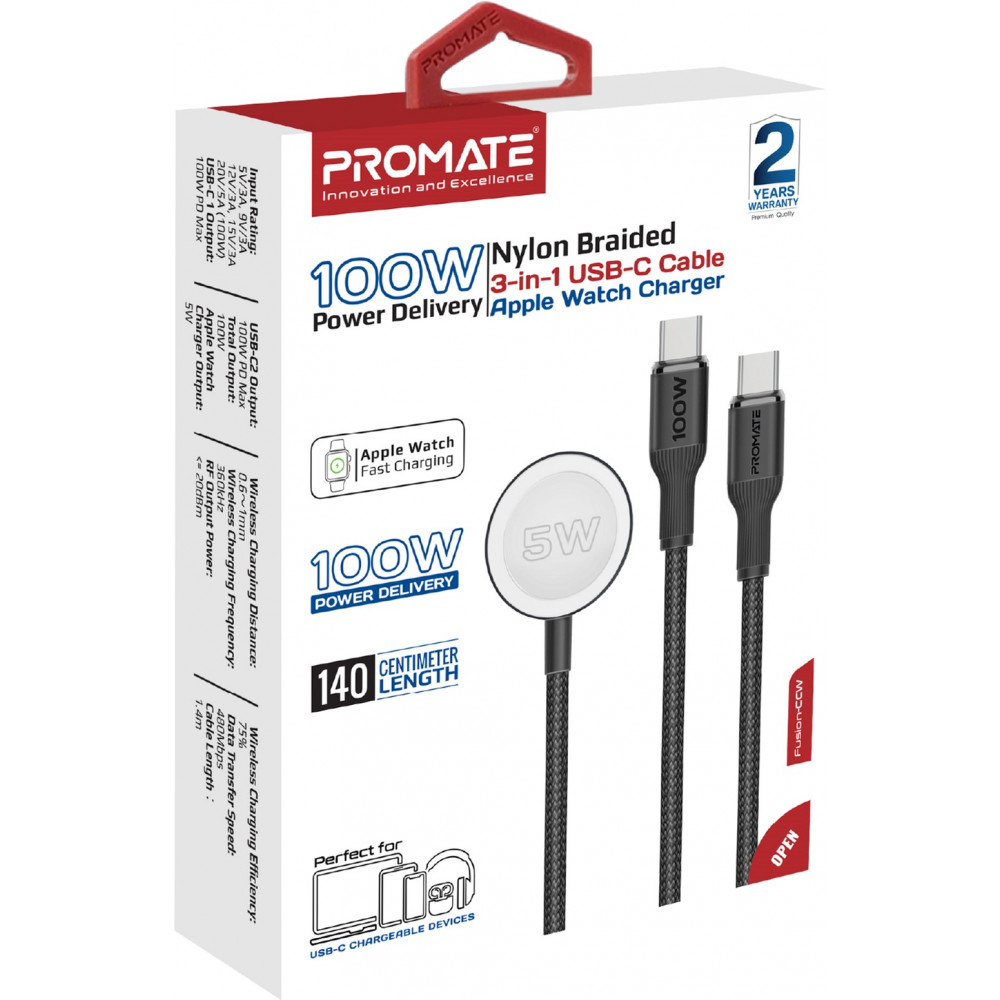 Кабель Promate USB Type-C - 2хUSB Type-C 100W Apple Watch Charger 5W (M/M), 5A, 1.4 м, Black (fusion-ccw.black)