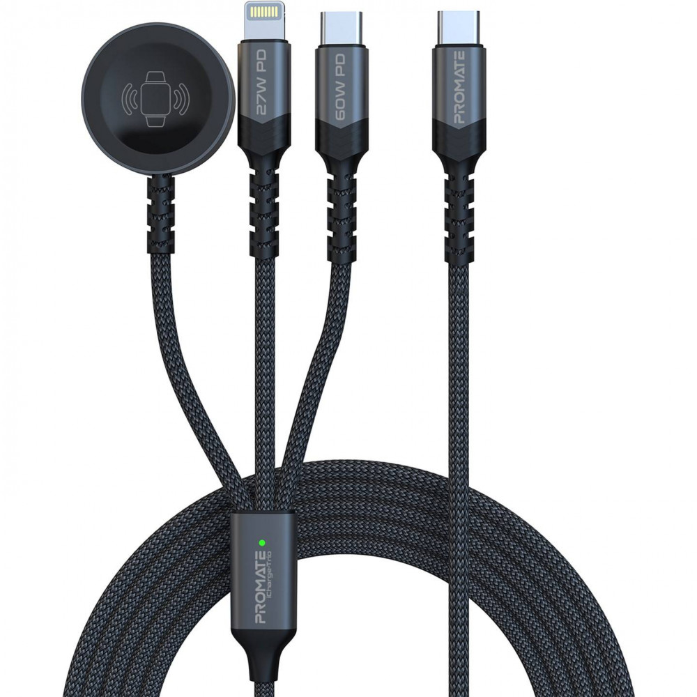 Кабель Promate USB Type-C - USB Type-C (M/M) Lightning 27W 60W Apple MagSafe 1 2.5W, 4A, 1.5 м, Black (icharge-trio.black)