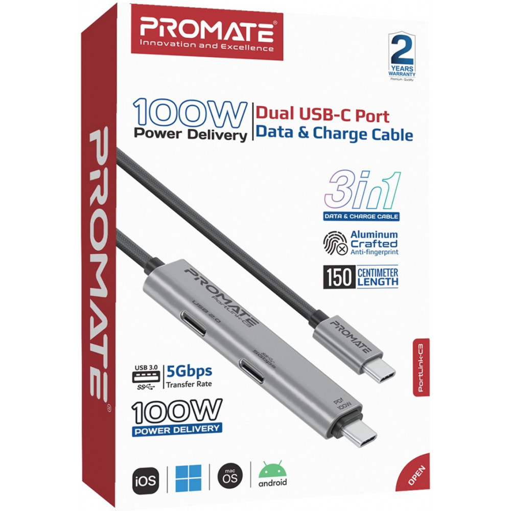 Кабель Promate USB Type-C - USB Type-C (M/M), 5A, 100W, 1.5 м, Black (portlink-c3.black)