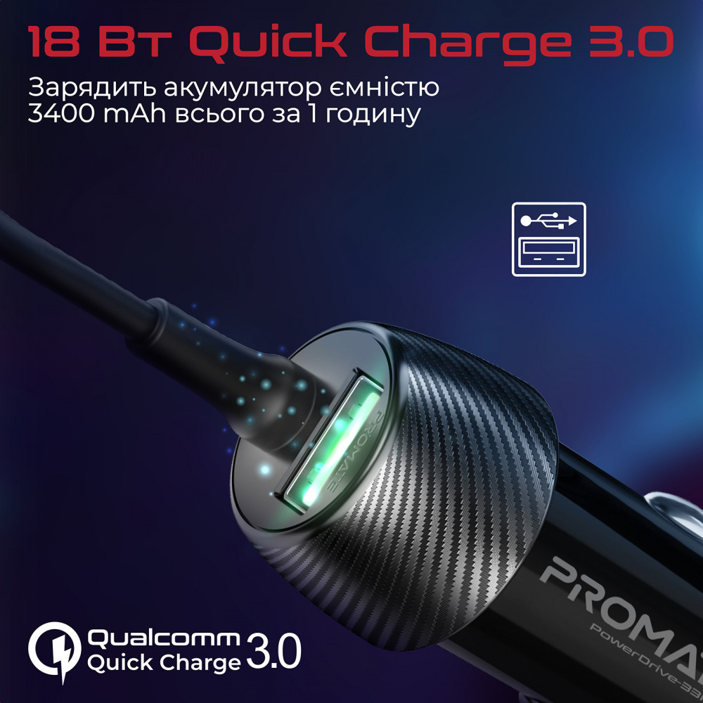Автомобільний зарядний пристрій Promate PowerDrive-33PDC 33W Black