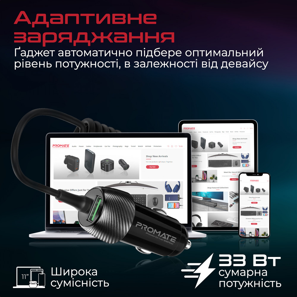 Автомобільний зарядний пристрій Promate PowerDrive-33PDC 33W Black