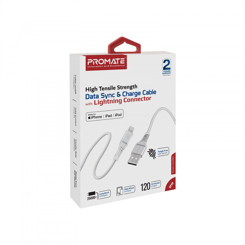 Кабель Promate PowerLine-Ai120 USB - Lightning (M/M), 2.4 A, 1.2 м, White