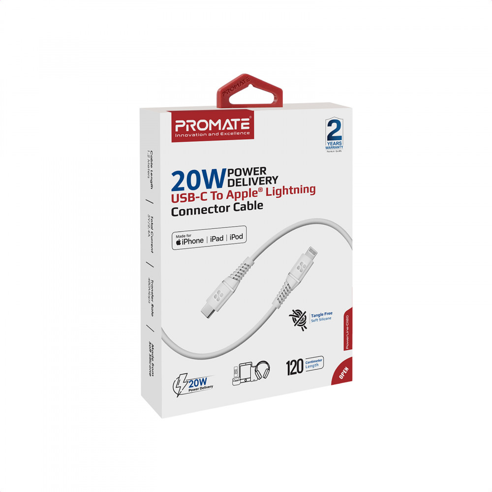 Кабель Promate PowerLine-Ci120 USB Type-C - Lightning (M/M), 3 A, 20 W, 1.2 м, White