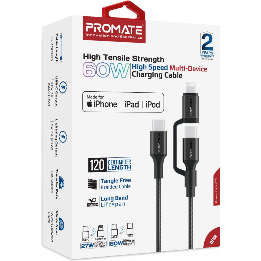 Кабель Promate USB Type-C - USB Type-C Lightning (M/M), 3A, 60W, 1.2 м, Black (powerlink-cci.black)