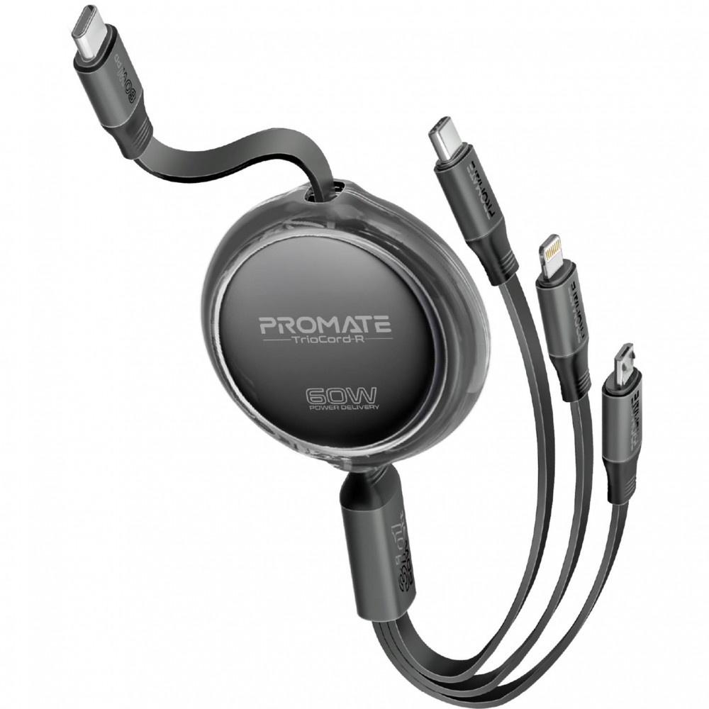 Кабель Promate USB Type-C - USB Type-C Lightning microUSB (M/M), 3A, 60W, 1.1 м, Black (triocord-r.black)