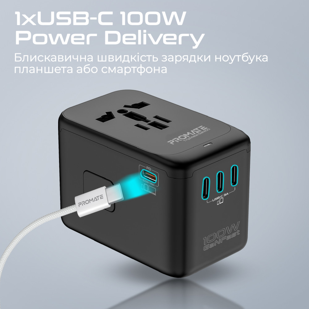 Зарядний пристрій Promate TripMate-GaN100 100W Black