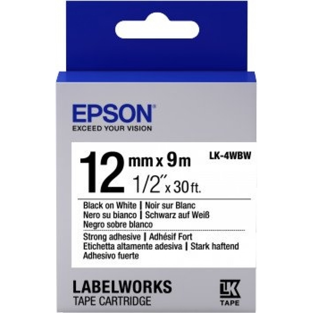 Картридж зі стрічкою Epson LK4WBW принтерів LW-300/LW-400/LW-400VP/LW-600P/LW-700/LW-Z710/LW-900P/LW-1000P/LW-Z5000BE Strng adh Blk/Wht 12mm/9m