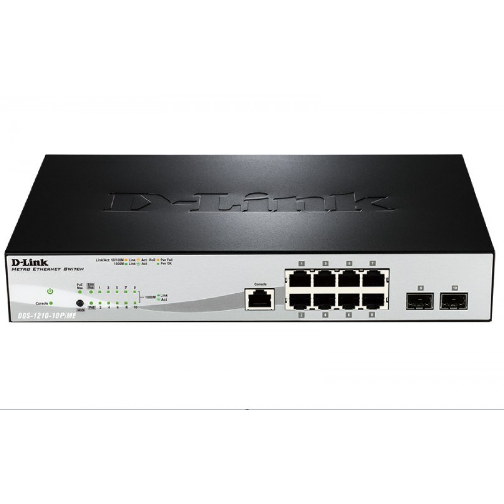 Комутатор D-Link DGS-1210-10P/ME 8x1GE PoE, 2xSFP(1G), Metro Ethernet