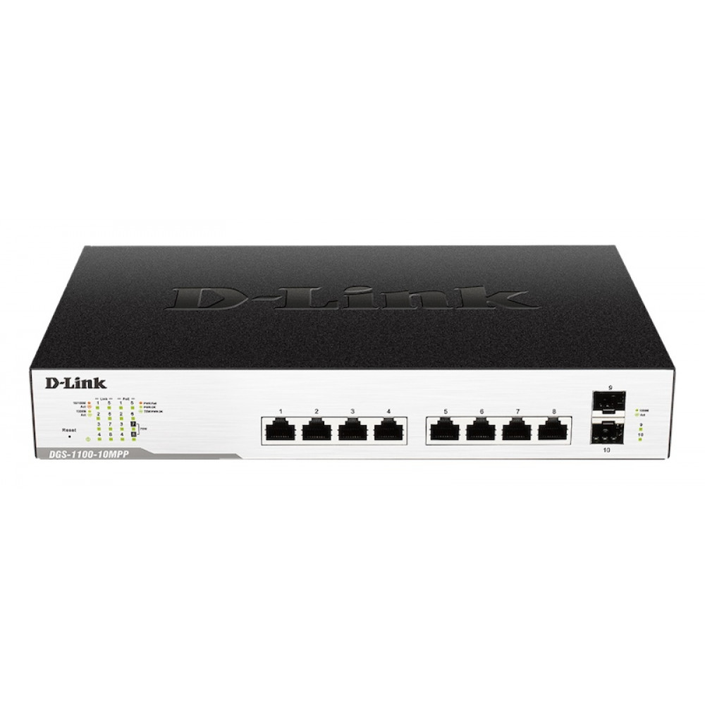 Комутатор D-Link DGS-1100-10MPP 8xGE PoE, 2xSFP, 242Вт, EasySmart