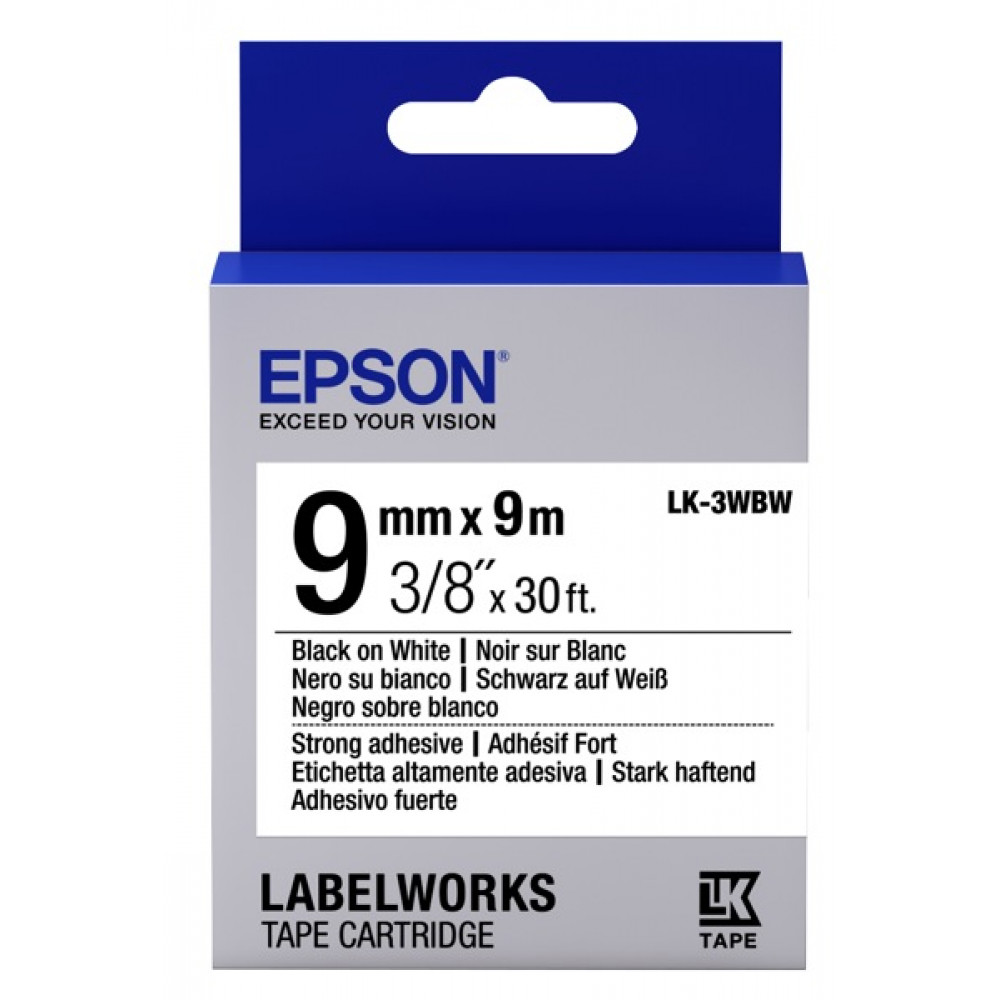 Картридж зі стрічкою Epson LK3WBW принтерів LW-300/LW-400/LW-400VP/LW-600P/LW-700/LW-Z710/LW-900P/LW-1000P/LW-Z5000BE Strng adh Blk/Wht 9mm/9m