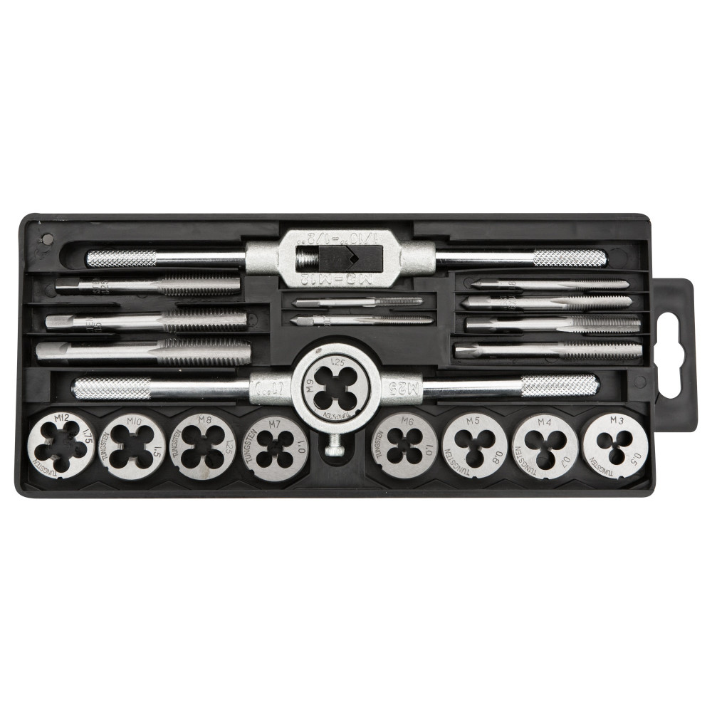 Плашки та мітчики TOPEX, набір 20шт, M3-M12, крок різьблення 0.5-1.75мм, вольфрамова сталь