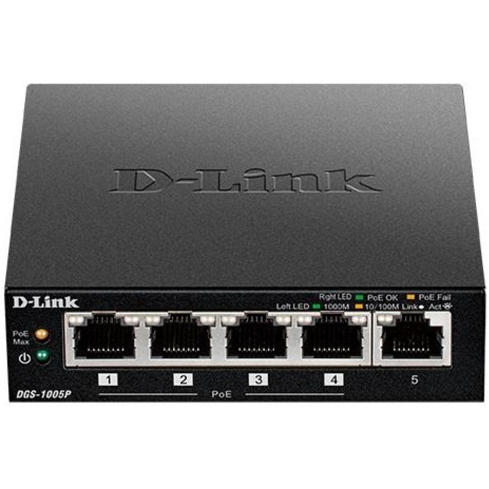 Комутатор D-Link DGS-1005P 5xGE (4xPoE, 1xUplink), 60W
